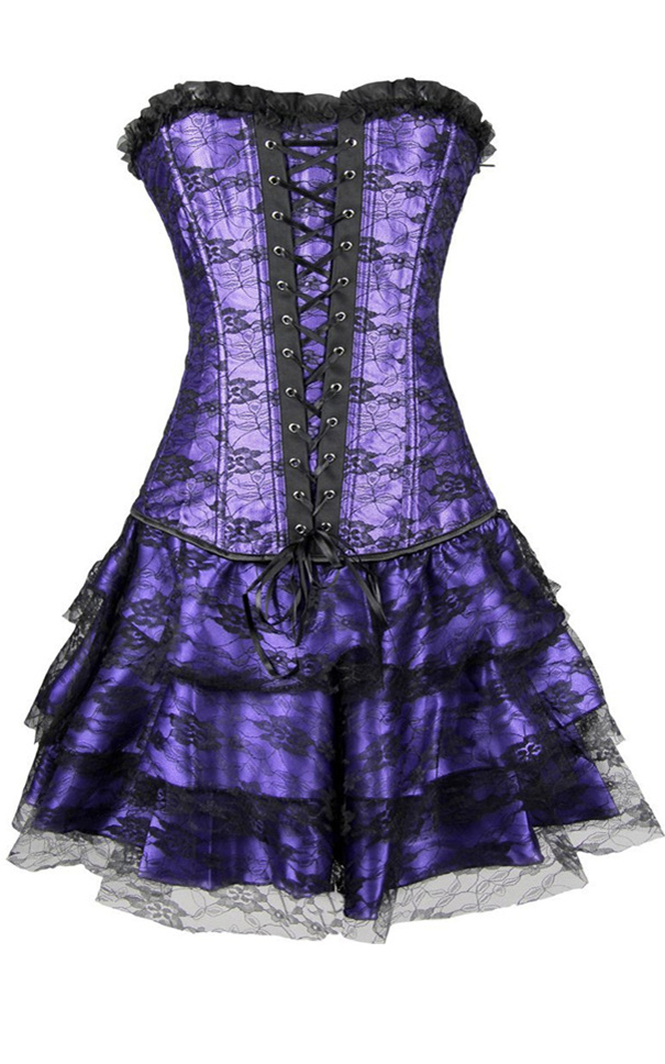 F3243-3 Purple Women Layered Lace Up Bone Corsets Floral Corset